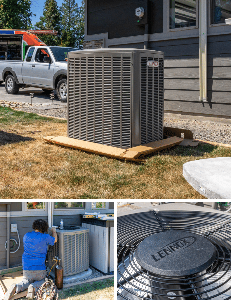 3 Images of Lennox Unit, An Employee, and A Close up of the Fan